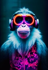 Ein fiktives Porträt eines Punk-Affen mit Kopfhörern und bunten Haaren. Ein Hipster-Affe mit Punkfrisur. 3D-Rendering