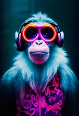 Ein fiktives Porträt eines Punk-Affen mit Kopfhörern und bunten Haaren. Ein Hipster-Affe mit Punkfrisur. 3D-Rendering © designprojects
