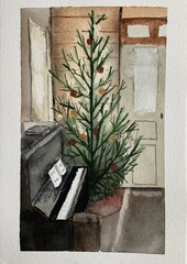 New year tree merry Christmas card winter vintage piano music home cozy December Watercolor 