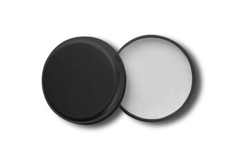 Blank black opened body or lips butter or balm round metallic aluminum jar mockup isolated on white background. 3d rendering. top view. - obrazy, fototapety, plakaty