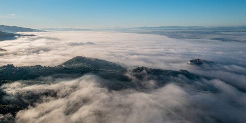 Tuscany hills sunset. Beautiful aerial shot of scenic landscape