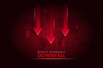 World economic downfall red background with falling arrow and world map.