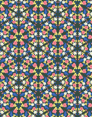 Decorative summer fabric print with white daisies, pink and yellow flowers and blue leaves on a dark background