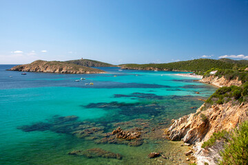 Tuerredda beach surrounded with it's famous turquoise sea, in the coast of Sardinia. Tuerredda bay Coast, Sardinia, Italy.
