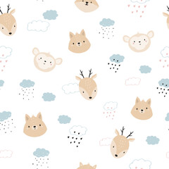 Seamless pattern with cute monkey, deer, fox in clouds