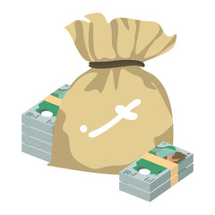 Maldivian Rufiyaa Vector Illustration. Maldives money set bundle banknotes. Money bag 50 MVR. Flat style. Isolated on white background. Simple minimal design.