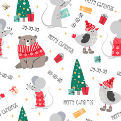 A seamless vector Christmas pattern. Cute teddy bear and mouse in a Christmas sweater. Birdie in winter hat and valenki. Christmas tree with gifts 