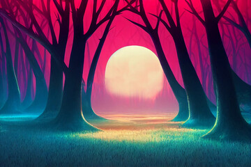 Fantasy neon forest jungle at sunset mystical unreal forest beautiful landscape 