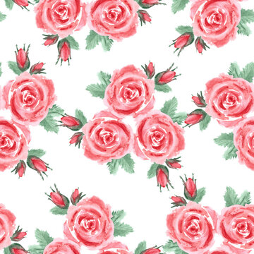 Seamless pattern with pink flowers, buds and leaves, painted in watercolor, is highlighted on a white background.
