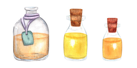 A set glass bottle with essential oil, highlighted on a white background. Hand-painted watercolor painting.