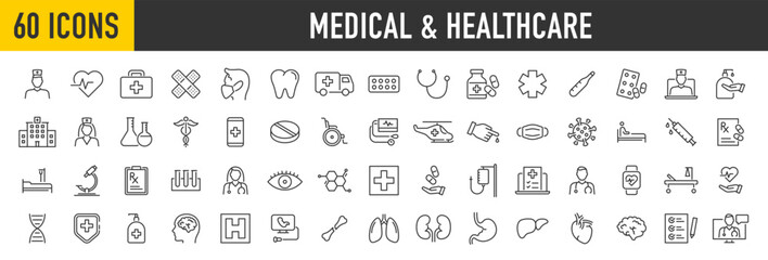 Set of 60 Medical and Healthcare web icons in line style. Medicine, RX, doctor, virus, testing, lab, scientific discovery, infographic collection. Vector illustration. - obrazy, fototapety, plakaty
