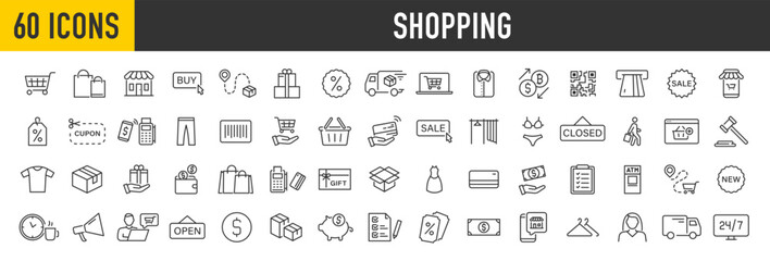 Set of 60 Shopping web icons in line style. Online shop, digital marketing, delivery, coupon, discount, bank card, gift, shop collection. Vector illustration.
