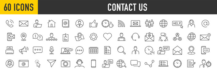 Fototapeta na wymiar Set of 60 Contact Us web icons in line style. Web and mobile icon. Chat, point, chat, support, message, phone, globe, call, info collection. Vector illustration.