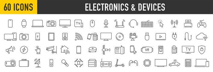 Set of 60 Device and technology web icons in line style. Computer monitor, smartphone, internet, network, programming, tablet and laptop collection. Vector illustration.	