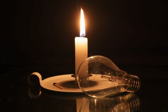 Candle And A Lightbulb On A Black Background. A Concept Of Electricity Crisis In South Africa.