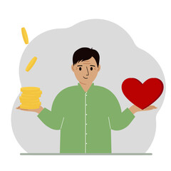 Money and a red heart in the hands of a man. Imbalance in lifestyle and work. Comparison of business stress and a healthy lifestyle. Balance of work and life.