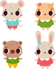 Cute animals set. Cartoon bunny rabbit, bear, mouse and cat characters for kids and children