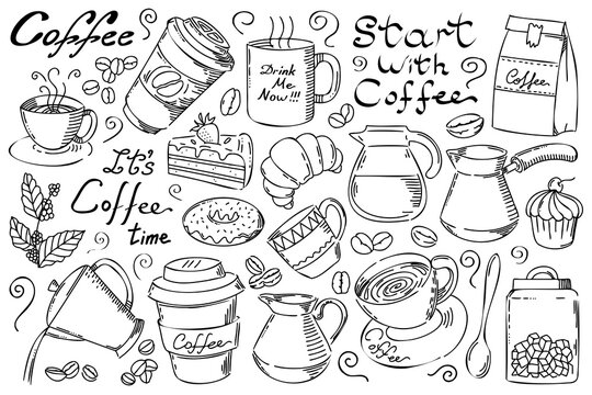Coffee line art set. Outline coffee and dessert illustrations collection with black thin line. Hand drown illustrations for your design.