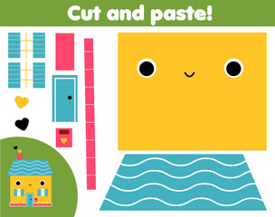 Cut and paste children educational game. Paper cutting activity. Make cartoon house with glue and scissors. Stickers fun for toddlers - 538868170