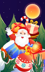 Christmas, Santa Claus delivering gifts on Christmas Eve with Christmas tree and gifts in the background, vector illustration