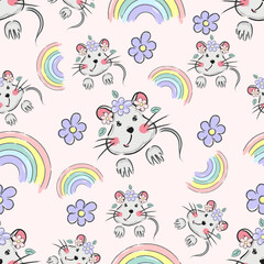 cute mouse rainbow flowers pattern vector illustration
