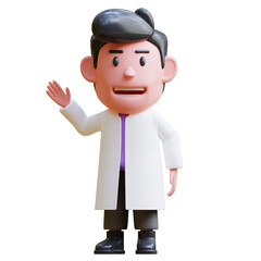3d rendering of cute scientist character illustration raising hand