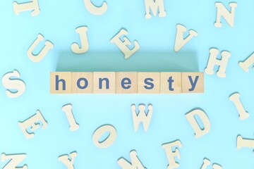 Honesty core values concept in business, company and organization. Word typography on wooden blocks flat lay.