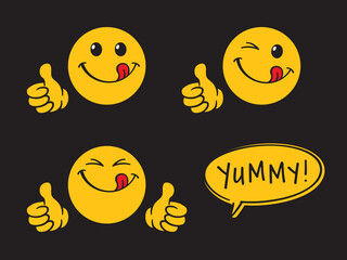 Yummy smile emoticons, happy smiling faces while tasting delicious food, with thumbs up. Cartoon style vector illustration, isolated on black.