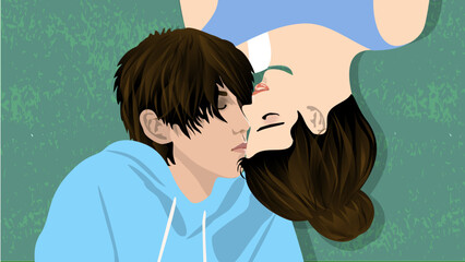 a handsome  man kissing the forehead of a beautiful  girl on the grass, minimalistic vector illustration 