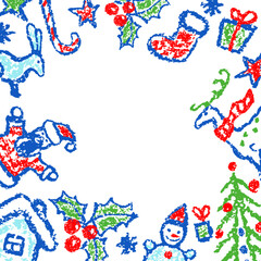 Crayon hand drawing Christmas cartoon banner frame background. Snowman, tree, deer, snow, santa, hut. Like kids drawn fun doodle simple vector flat cartoon style. Pastel chalk or pencil child painting