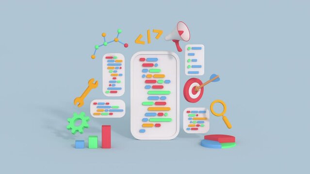 Web development and SEO optimization marketing. Minimal cartoon style 3D render animation