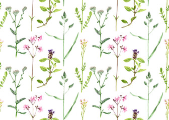 seamless pattern with drawing wild flowers and green leaves at white background , hand drawn botanical illustration