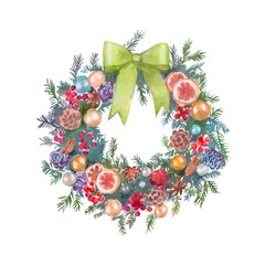 Fototapeta na wymiar Christmas wreath, Christmas decorations, celebration, watercolor illustration