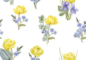 watercolor drawing seamless pattern with spring flowers of yellow globeflowers, violets, forget-me-nots and ground ivy, hand drawn illustration