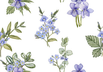 watercolor drawing seamless pattern with blue spring flowers and green leaves, hand drawn illustration