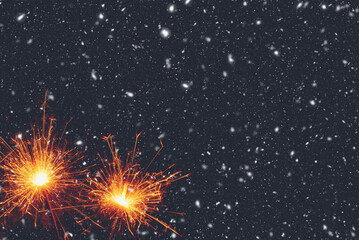 Fototapeta na wymiar Burning sparklers on abstract snowy background. Happy new year. 3d illustration