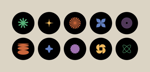 Vector set of template icons for social highlights, business in minimalist brutalist design. Bundle of futuristic shapes and geometric figures.