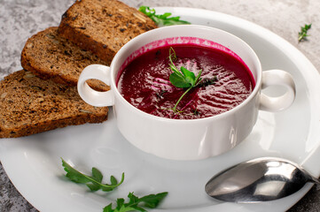Dietary healthy red beet cream soup. Detox menu. Vegan cuisine