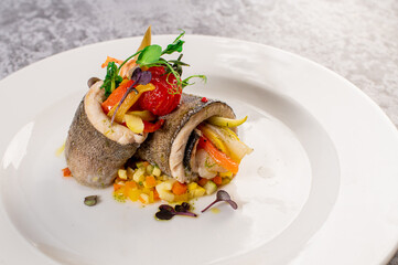 Boiled dorada fish fillet with vegetables. Healthy food. Vegetarian menu. Detox food