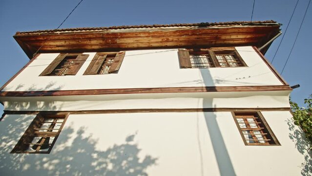 Koprivshtitsa, Bulgaria - June 28 2021: POV motion footage of an empty street and historic architecture in the town of Koprivshtitsa, Bulgaria.