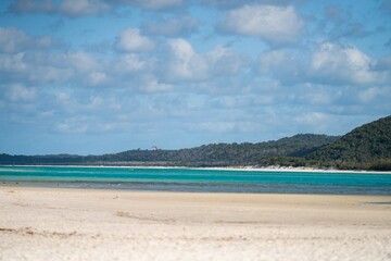 tourist walking on whitehaven beach in queensland. 