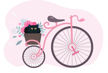 Fototapeta premium Retro vintage bicycle with a basket of flowers and a black cat. illustration in cartoon flat style