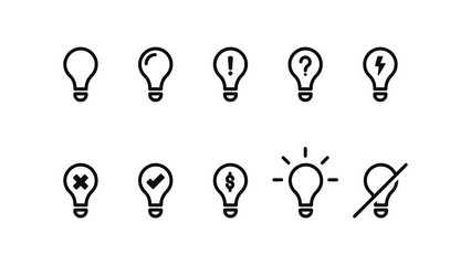 Bulb icon set. Lamp line icon set with signs and marks. Light bulb sign. Idea concept vector isolated on white background.