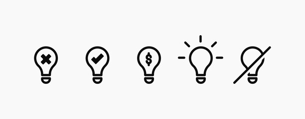 Light bulb with signs and check marks icons. Light bulb icons in isolation