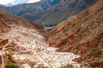 Panoramic view of Salinas de Maras (salt extraction), Sacred Valley, Cusco, Peru