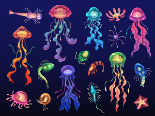 Cartoon jellyfishes. Beautiful deep water glowing creatures, ocean underwater plankton, starfish and shrimp, transparent marine color animals isolated, tropical fish tidy vector set © YummyBuum