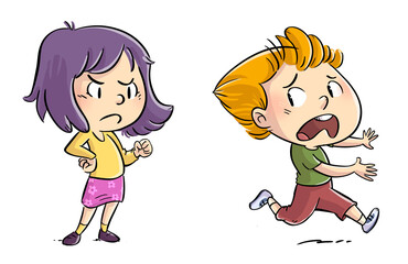 Illustration of little girl threatening another boy