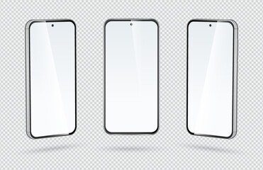 Realistic vector smartphone. Isolated cell phone mockup. Front, right and left view of mobile phone with blank screen isolated on transparent background.