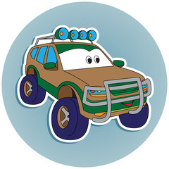 Cartoon jeep car with spotlights on the roof for boys. Small funny vector cute vehicle with eyes and mouth, funny angry auto icon.  Children vector color illustration for scrapbook. Comic character