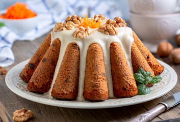 Homemade carrot cake close-up.